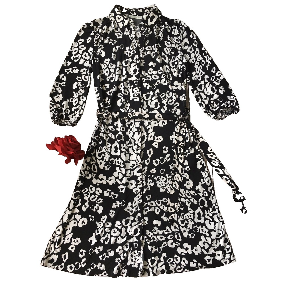 Worthington Shirt Dress Women S 4 6 Button Up Tie Waist Animal Print Puff Sleeve